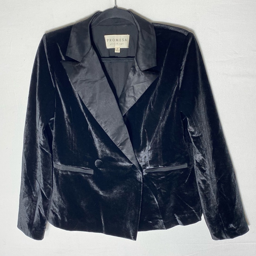 Promesa Black Velvet Double Breasted Blazer M Corporate Goth Office Siren Retro